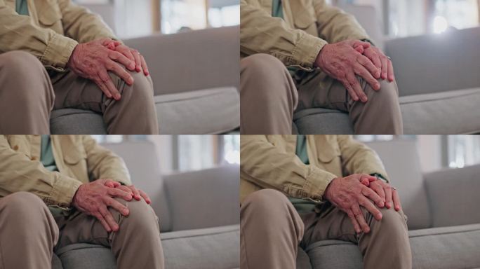 膝痛，焦虑和老年男子的手在沙发上与关节炎，问题或骨质疏松症在家里的特写。Zoom，受伤和老年男性在客