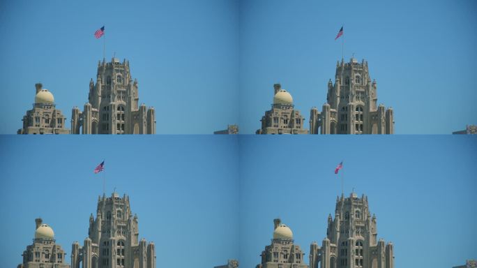 活动开始前，美国国旗在塔楼上飘扬。变焦镜头