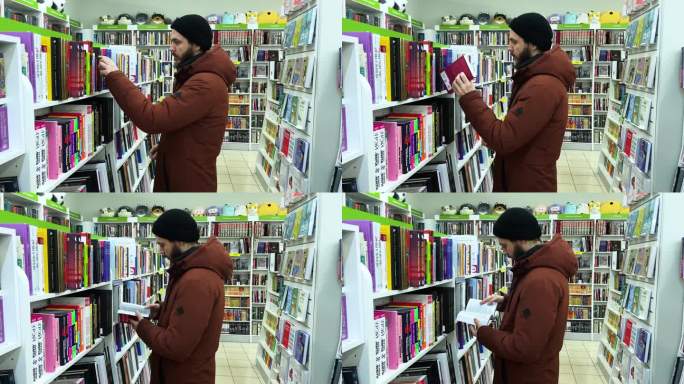 一个男人在书店里看书
