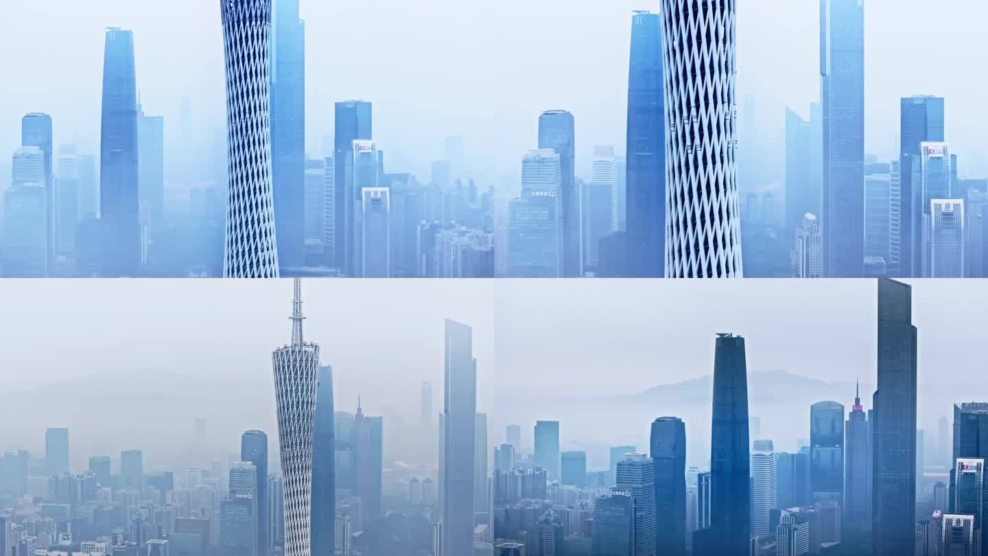 广州回南天清晨平流雾珠江新城航拍4K视频
