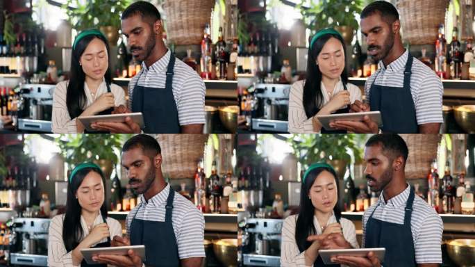 Tablet, restaurant bartender and team discussion o