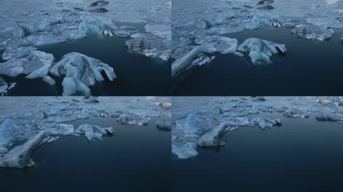 在巨大的冰块上飞行，壮观的冰冻冰川风景