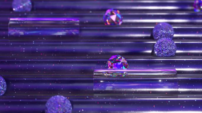 迷人的3D动画，闪闪发光的水晶和球体通过太空主题弹球机旅行。
