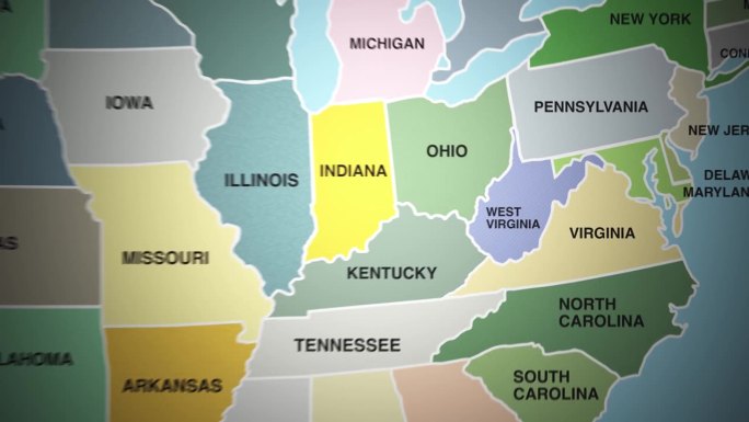 美国地图的数字动画放大到西弗吉尼亚州。