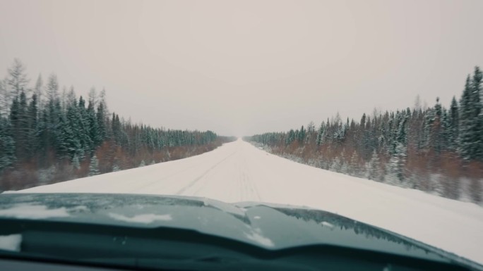 卡车在冰雪覆盖的冬季公路上快速行驶，两边都是树木