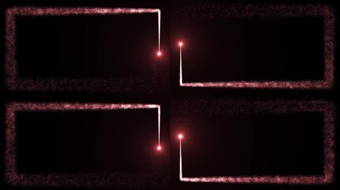 明亮的光源在黑暗的背景上画出红色粒子的矩形框架。中间有空闲空间的动画。动画可以叠加或添加到任何视频，