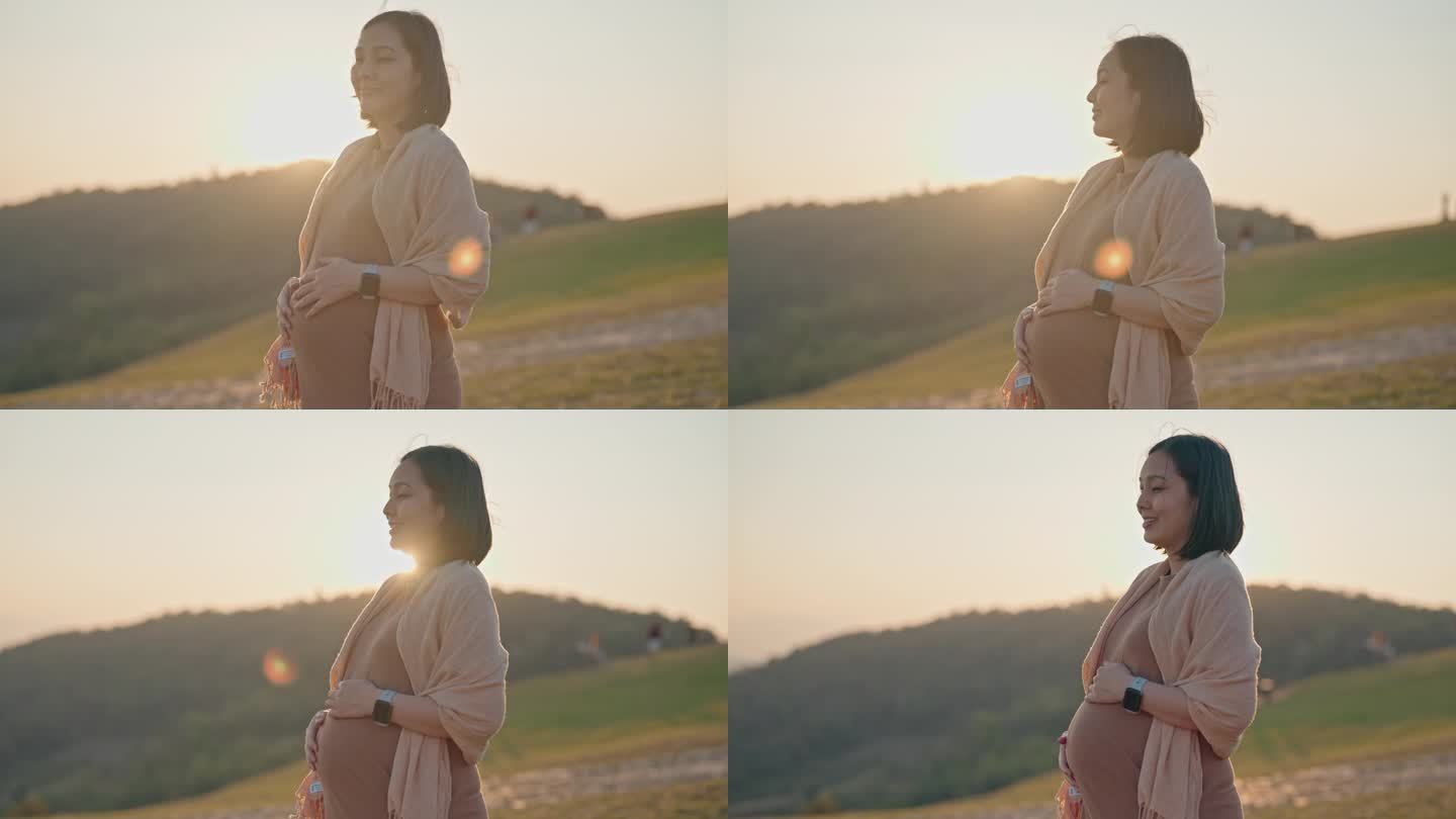 美丽的孕妇站在夕阳下的田野里