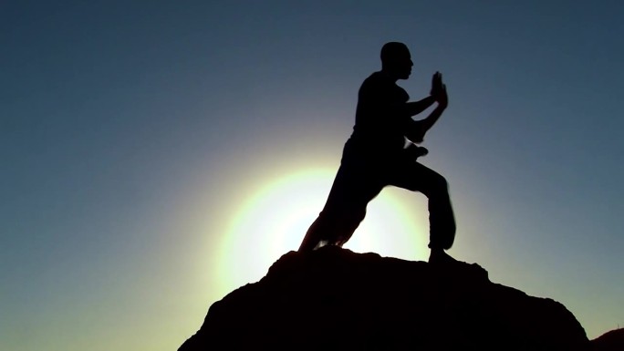 一个非洲裔美国人在一块高大的岩石上练习功夫的剪影，日落的黄金时间，太阳和耀斑在背景中的反射