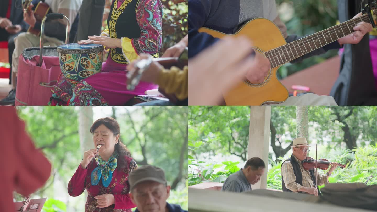 退休老人公园唱歌表演活动