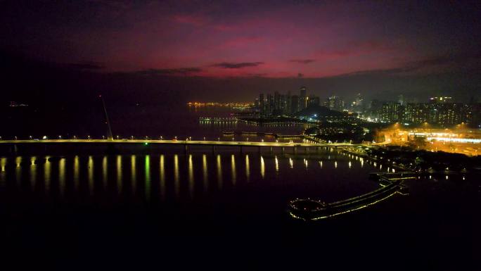 深圳湾公路大桥跨海大桥夜景晚霞航拍