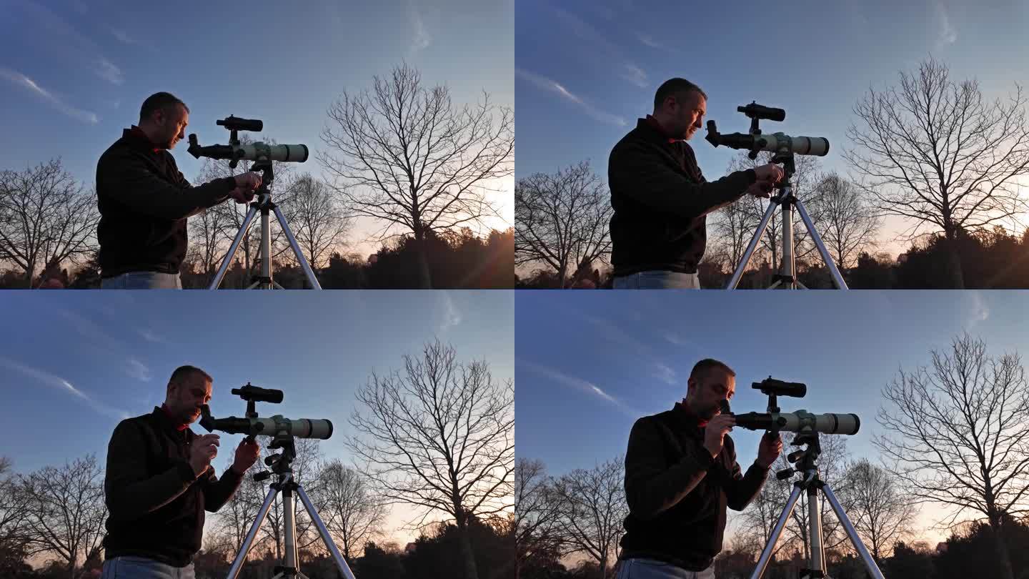 业余天文学家用望远镜和特殊的太阳滤光片观察日食和太阳。