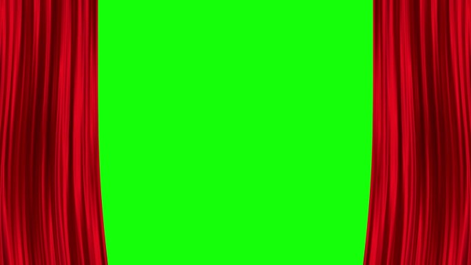 现实的红色织物窗帘在绿色背景上打开。戏剧窗帘。4K 3D动画