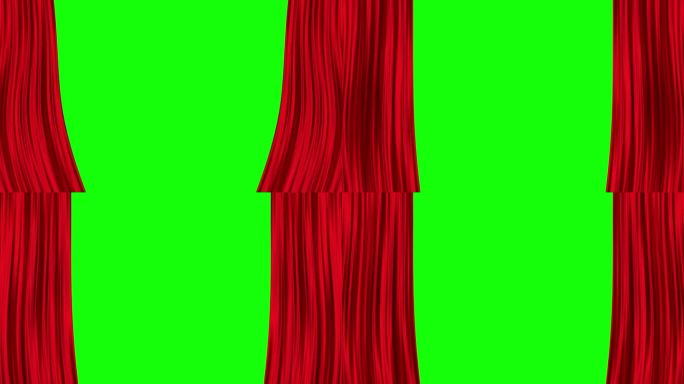 现实的红色织物窗帘在绿色背景上打开。戏剧窗帘。4K 3D动画