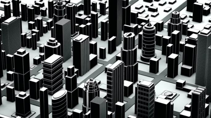 一个未来城市的黑白3D模型。建筑物慢慢地从地面上形成和出现。卡通风格