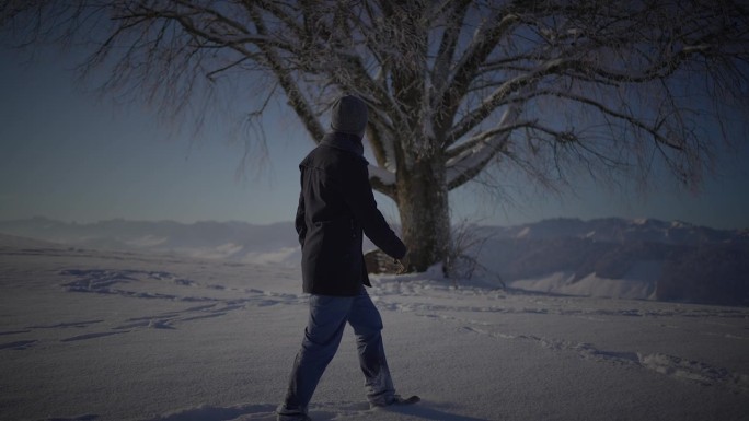 男人走在深雪中看着一棵树