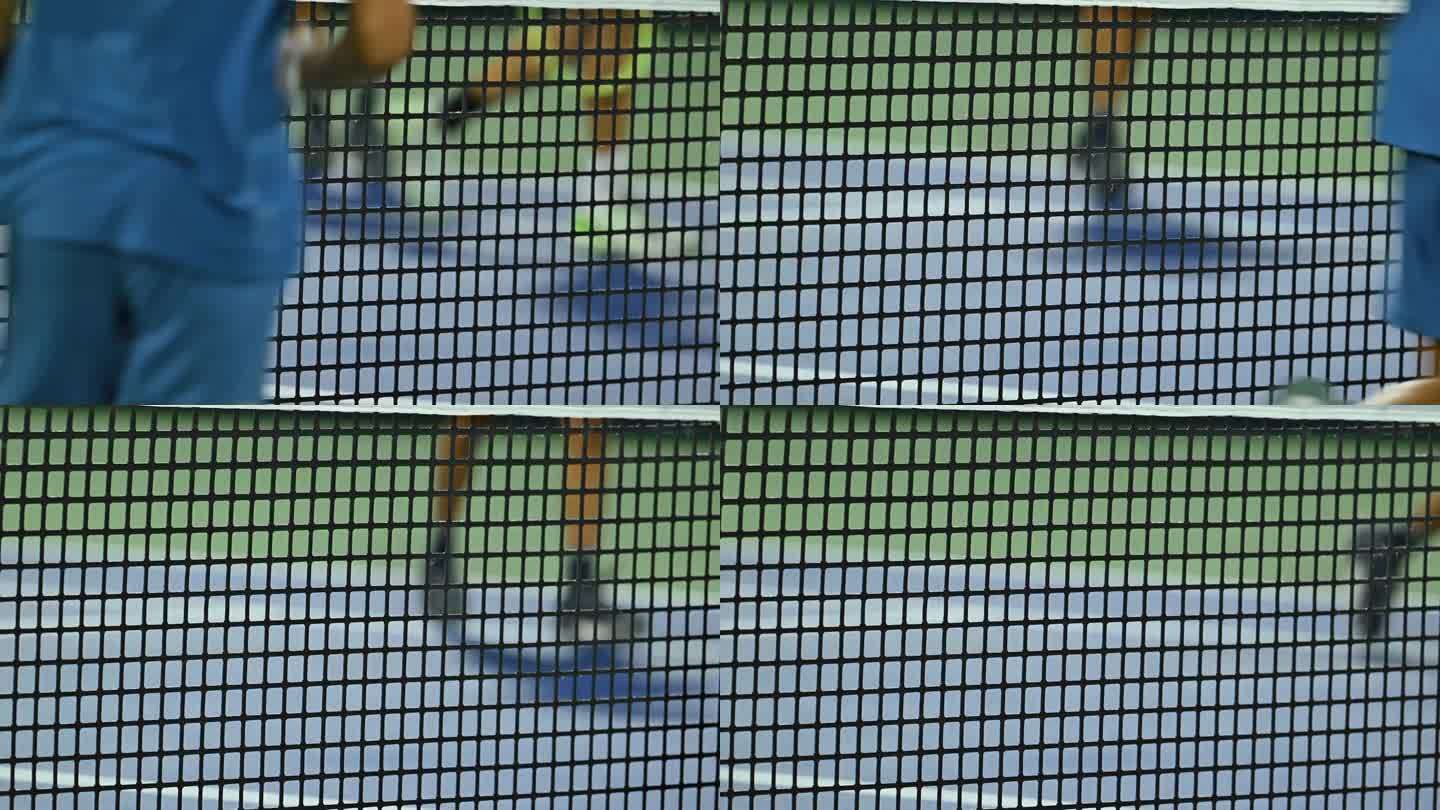 专为ATP锦标赛设计的专业网球网的特写，由耐用的橡胶材料制成
