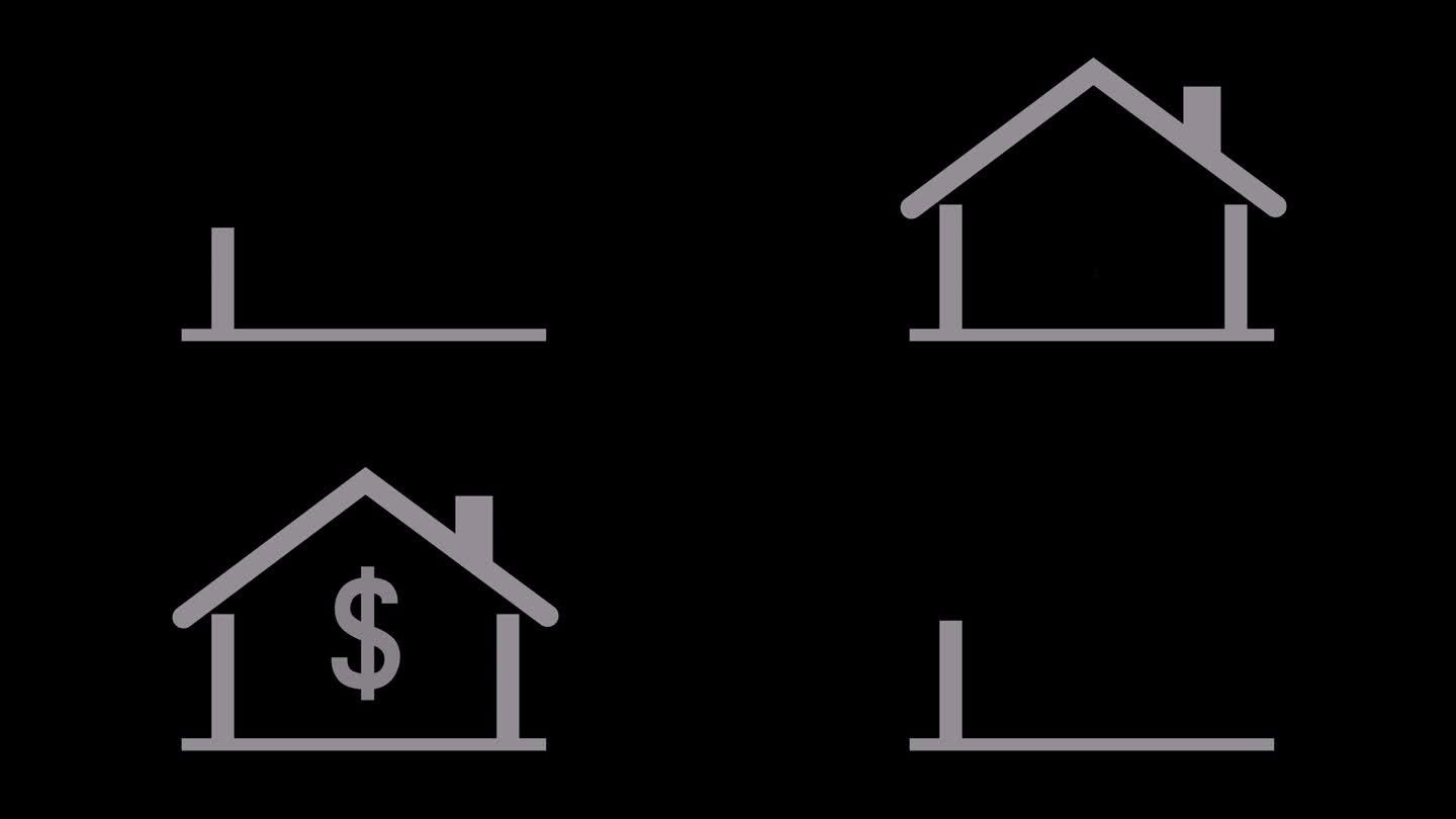 黑底美元符号住宅建筑出现与消失的图形动画。