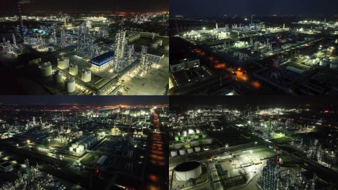 石油化工厂石油炼化厂夜景航拍