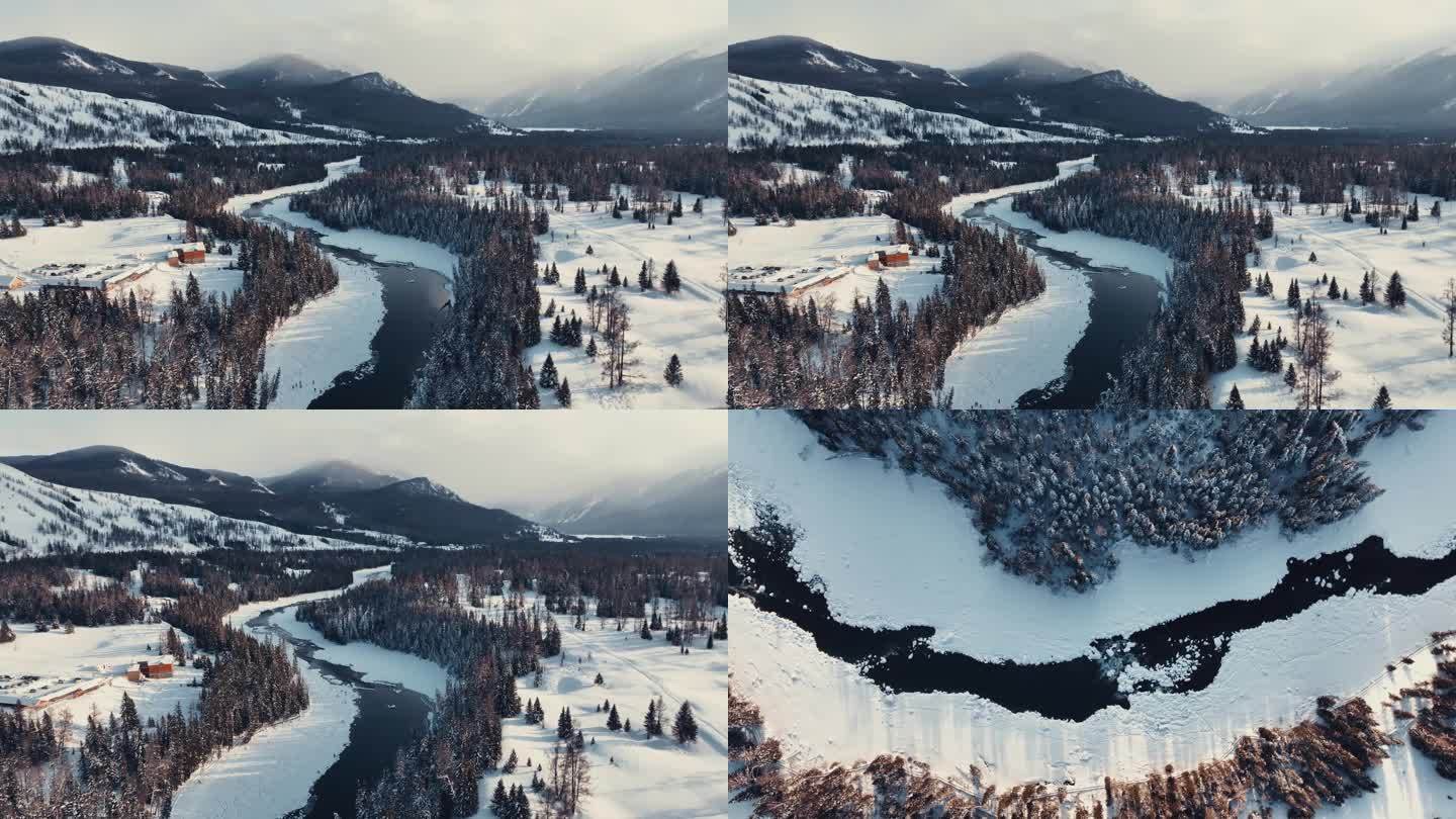 新疆冬季喀纳斯雪山河流树林
