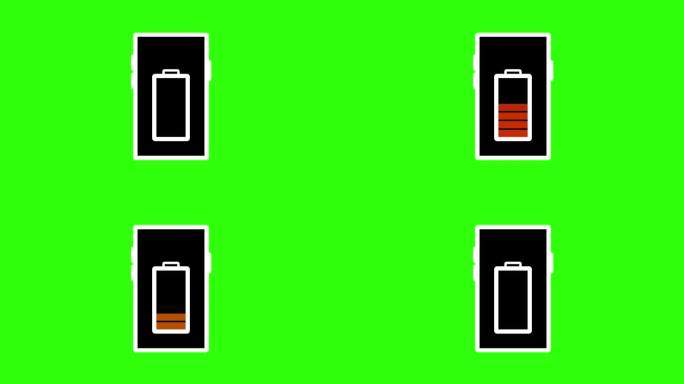 充满电的电池图标在绿色背景上动画。
