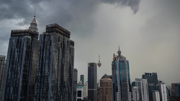 多雨的黄昏吉隆坡城著名的市中心前外部屋顶全景4k延时马来西亚