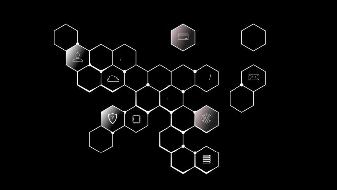 Cg片段。在黑色的背景上，有一个白色的六边形网络，其中有数字世界的铙钹，光线在细胞之间移动