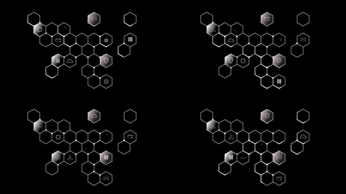 Cg片段。在黑色的背景上，有一个白色的六边形网络，其中有数字世界的铙钹，光线在细胞之间移动