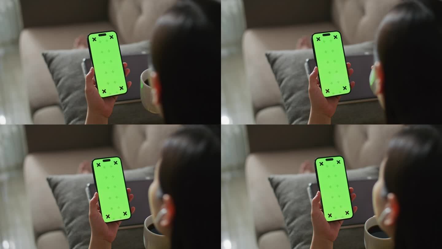 手持智能手机的女性特写绿屏模板