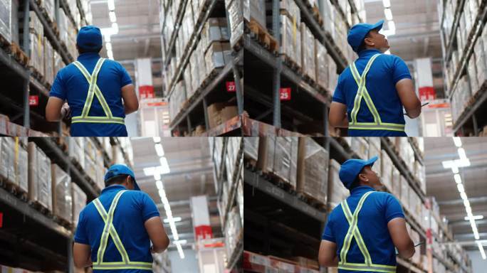 仓库工人四处走动，寻找货架上的产品，检查和扫描库存的条形码，以保持存储在一个系统中。