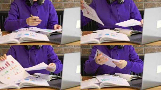 桌上放着笔记本电脑，学生一丝不苟地整理论文和笔记，沉浸在学习的过程中。学习方式反映了教育的本质，场景