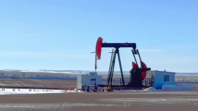 冬季开采石油的红色工业石油和天然气钻井作业。