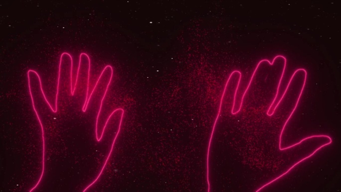 两只手在星空中挥动着他们的手掌。抽象，3d渲染，霓虹灯发光的线条和粒子。手的红色轮廓。问候、狂热、崇