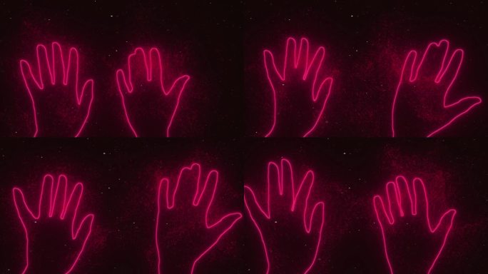 两只手在星空中挥动着他们的手掌。抽象，3d渲染，霓虹灯发光的线条和粒子。手的红色轮廓。问候、狂热、崇