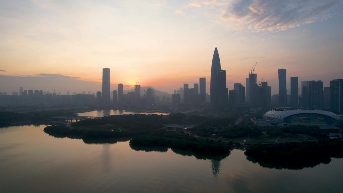 深圳城市落日晚霞夕阳深圳湾风光航拍