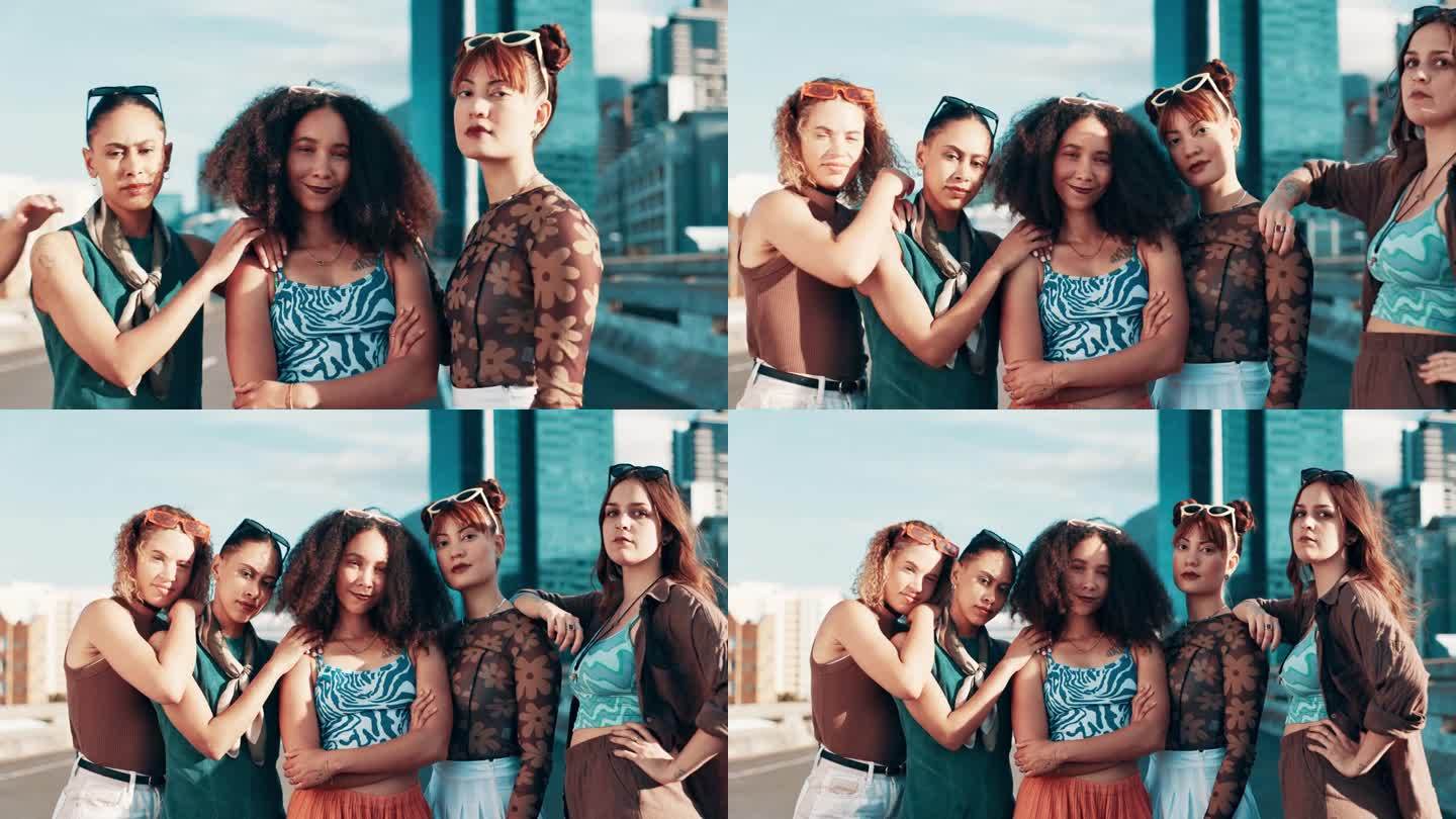 时尚，态度和都市女性朋友一起为女性力量，支持或潮流风格。城市柏油桥上的一群年轻人的肖像、多样性和赋权
