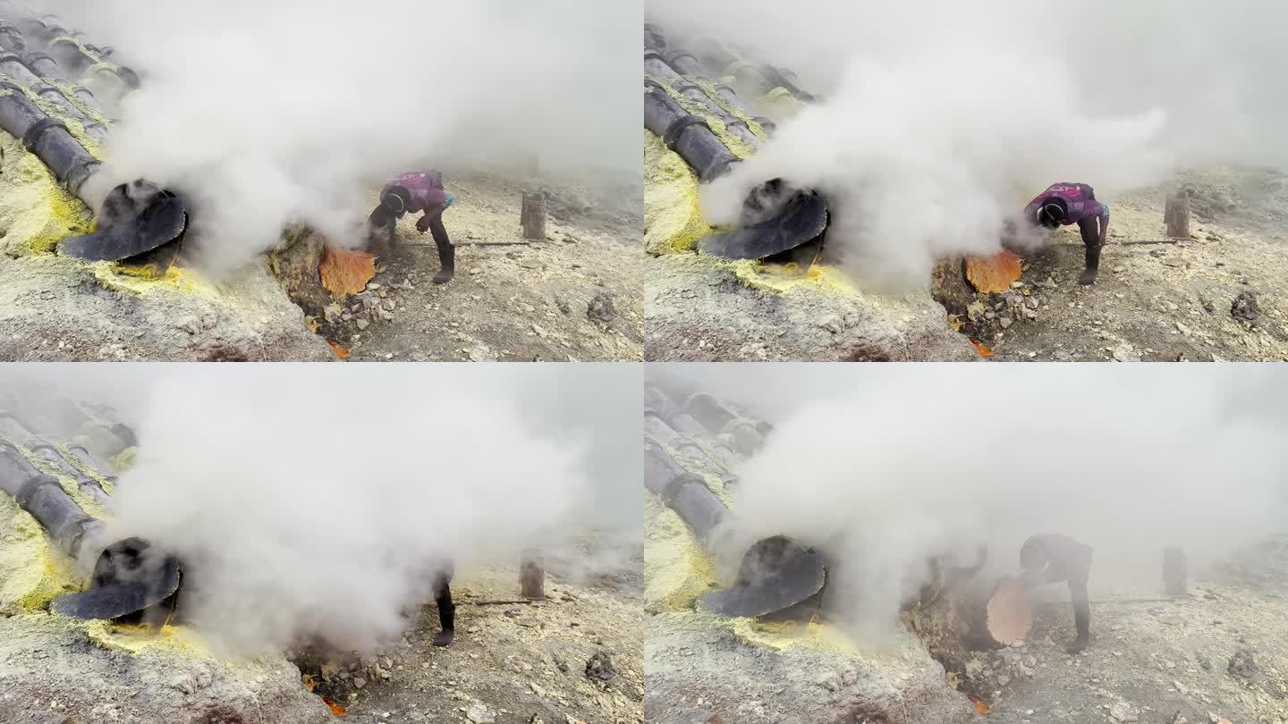 印度尼西亚爪哇的卡瓦伊真火山口，矿工正在提取硫磺