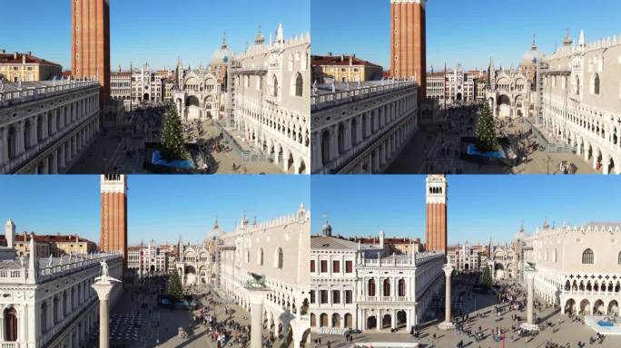 大教堂全景鸟瞰图，公爵宫和大教堂的钟楼。意大利威尼斯。