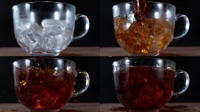 咖啡茶水倒入冰杯液体杯中翻滚超高速慢镜头