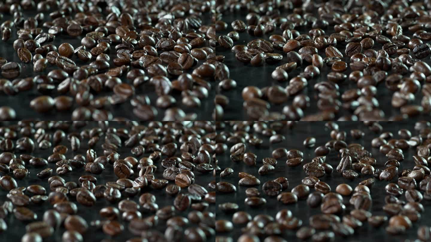 咖啡豆滚落翻滚铺屏超高速慢镜头