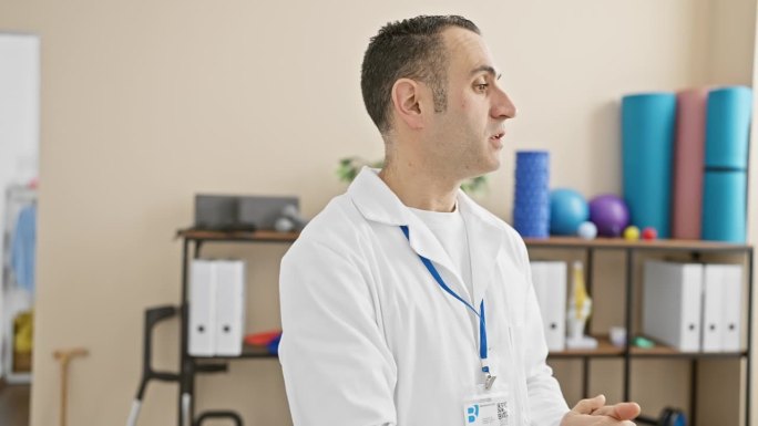 一个穿着实验室工作服，戴着身份徽章的专业人士站在治疗诊所里，背景是运动器材。