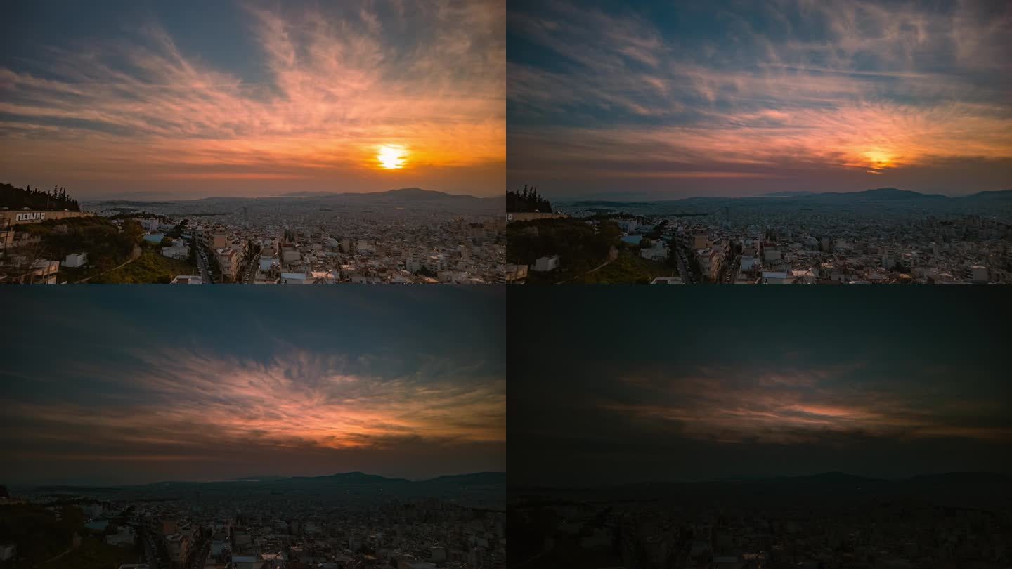 全景延时-超延时全4K雅典在日落时分从城市的北部，与雅典市中心，比雷埃夫斯，Perama，沿海地区和