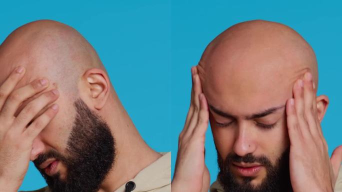 垂直视频穆斯林男子遭受严重偏头痛的镜头