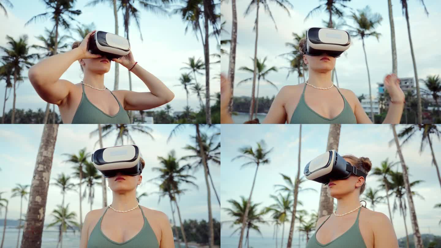 成年女性戴着VR头显探索数字世界。身临其境的热带环境体验。交互式技术将我们带入虚拟世界。夕阳棕榈框用
