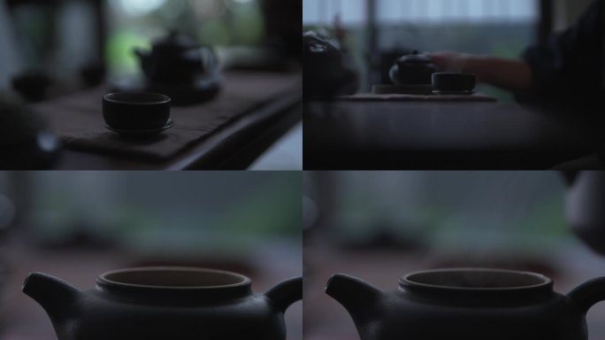 禅意茶室里不同角度倒茶