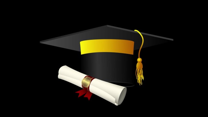 黑色毕业帽教育成就庆祝动画与阿尔法频道。
