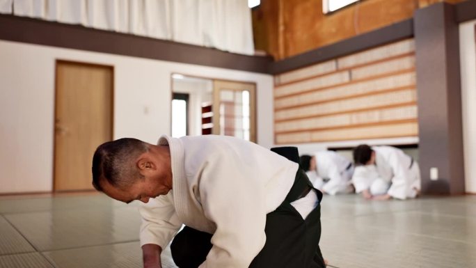 武术学生，老师或弓在道场合气道实践，纪律或自卫在课堂上。尊敬、楼主或日本师傅传授格斗或训练锻炼，以供