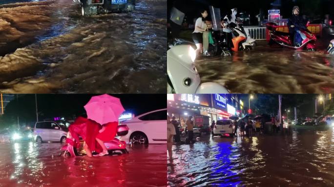 水灾城市水患雨季雨中行人水中骑车水浸街