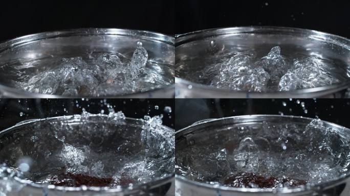 锅中水沸腾面块掉落入水超高速慢镜头