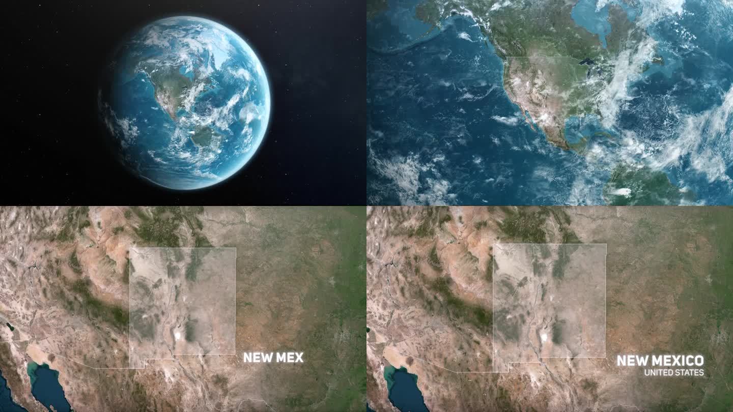 从地球上放大到美国新墨西哥州。美利坚合众国的卫星图像。电影世界地图动画从外太空到领土。美国的概念，亮