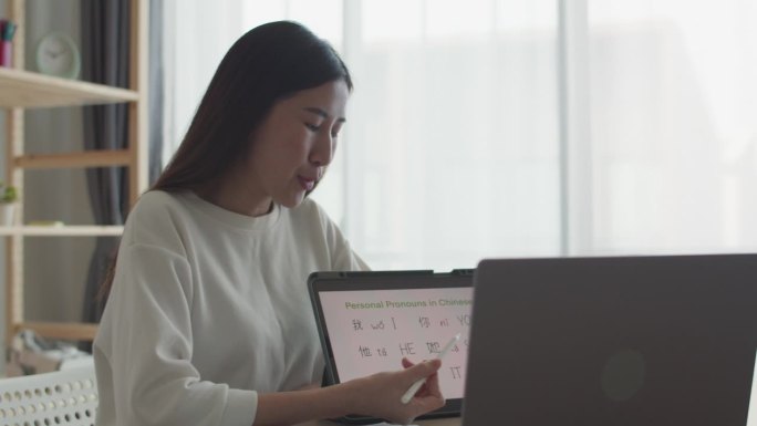 在一次在线语言学习中，一位老师在用平板电脑教授汉语人称代词时热情四射。